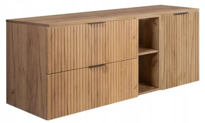 Produktbild von Rodan Waschbeckenunterschrank 120cm - Geriffelt Eiche - mit Platte & Regal - FLOW