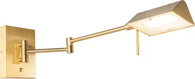 A brass wall lamp with an adjustable arm and a rectangular light fixture.