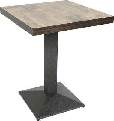 A square wooden table with a metal base, shown against a white background.