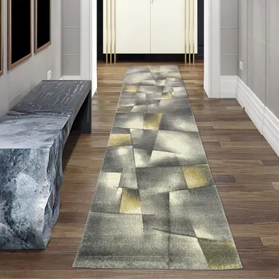 Produktbild von Teppich modern Teppich Wohnzimmer Teppich Kurzflor in pastell gelb grau Größe - 80 x 300 cm