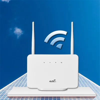 A white 4G/5G WiFi router with two antennas is shown against a blue sky background with clouds and a graphic of WiFi signal strength. The router is placed on a white surface that appears to be solar panels.