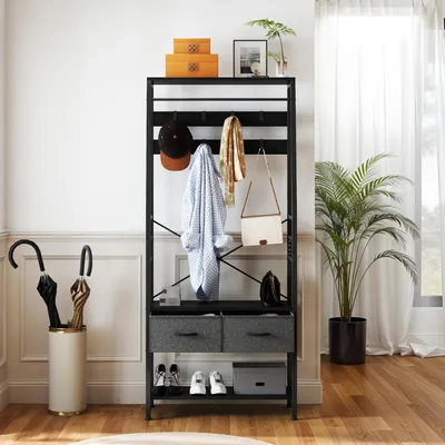 Produktbild von Garderobenständer mit Schuhbank, 8 Kleiderhaken, 2 Stoffschubladen, Kleiderständer, 80x32x180 cm, Schwarz