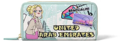 Image de Portefeuille pour femmes Braccialini, couleur bleu clair, fermeture éclair, motif "Fantasia", collection "United Emirates"