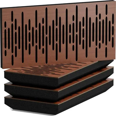 Immagine prodotto di Confezione da 4 pannelli acustici WAVE-H sottili e fonoassorbenti | 25x50 cm | Riflessione | Spessore – Colore: [53 mm | Noce]