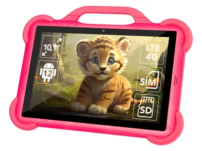 A pink tablet with a protective case, displaying a cartoon tiger on its screen, with feature icons.
