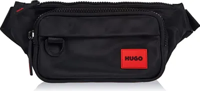 A black bumbag with a red Hugo logo is shown against a white background.
