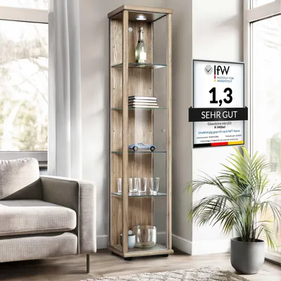 Produktbild von K-Möbel Glasvitrine stehend in Sonoma Eiche (176x37x33 cm) mit 4 höhenverstellbaren Glasböden & LED - Standvitrine - Vitrinenschrank - Sammlervitrine