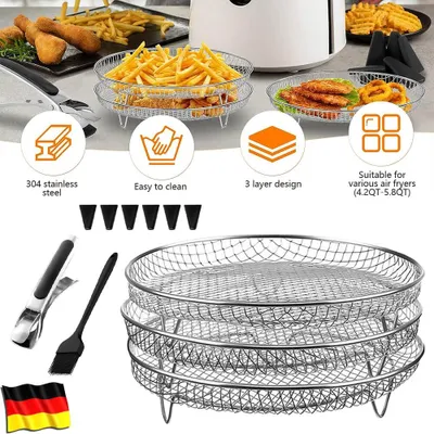 Produktbild von 11Stk.Edelstahl Heißluftfritteuse Rack Grillrost für Ninja Air Fryer, Luftfritteuse-Korb für Chips Pizza Huhn ideal für Party/Camping/BBQ