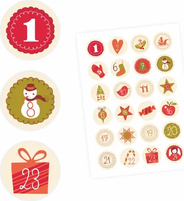 Produktbild von 24 Adventskalender Zahlen Aufkleber BEIGE Retro - rund 4 cm Ø - Sticker Weihnachten zum basteln dekorieren DIY