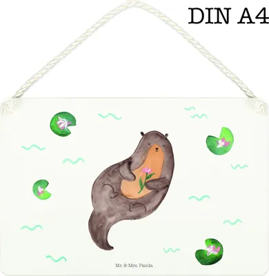 Produktbild von Mr. & Mrs. Panda holzbild Otter Seerose DIN A4 - Weiß - Geschenk, kleine aufmerksamkeit, Wasser, Fluss, Wandschild, Schild, Holzschild, glücklich, Wandbild Holz, Seeotter