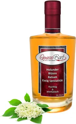 Produktbild von Holunderblüten Balsam Essig - Spezialität 0,7L mit herrlicher Holundernote 5% Säure vegan Holunder Blüten