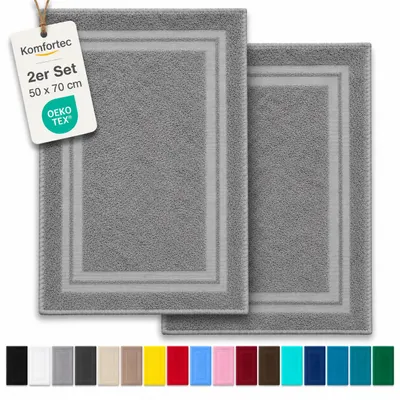 Produktbild von Komfortec Badematte 2er Set 50x70 cm, 100% Baumwolle, 600 g/m², Extra Weich & Saugstark, Frottee Duschvorleger, Waschbar Duschmatte, Silber Grau