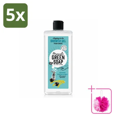 Imagen del producto de 5 unidades de gel de ducha "Marcel's Green Soap" con aroma a mimosa y grosella negra, 300 ml cada uno. Paquete económico