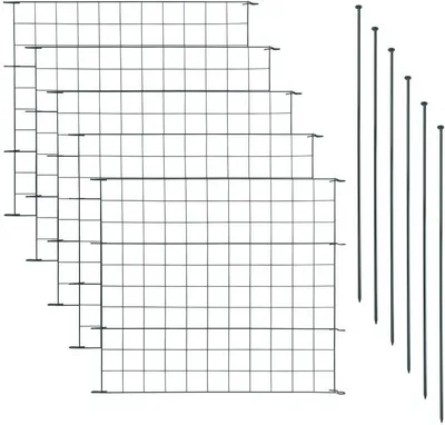 A set of garden fence elements and stakes arranged on a white background.