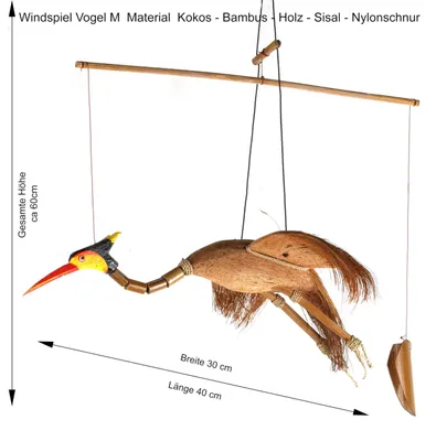 Produktbild von Tokoindah in Handarbeit gefertigtes Bambuswindspiel aus Naturmaterialien – Auswahl: Drache, Vogel, Eule oder als Schwing-Figur – Gartendeko, sanfte Klänge & nachhaltiges Design, wetterfest (Vogel-single-M)