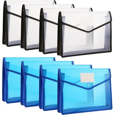 Immagine prodotto di Custodie per documenti formato A4, confezione da 8 pezzi, espandibili, in plastica, con chiusura a bottone, colore blu e nero