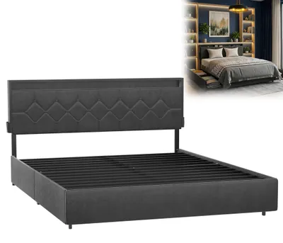 Obrázek produktu pro XMTECH čalouněná postel 160 x 200 cm s úložným prostorem, postel se 4 zásuvkami, velurová postel s úložným prostorem, čelo dvojlůžka s úložným prostorem, tmavě šedá