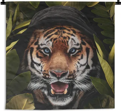 Produktbild von MuchoWow® Wandteppich Wandbehang Tiger - Dschungel - Blätter 150x150 cm Tapisserie Dekoration Wandtuch - Wohnaccessoires - Modernes
