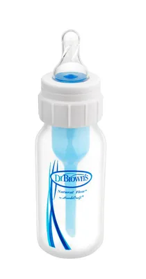 A baby bottle with a blue internal tube and blue accents on the label.