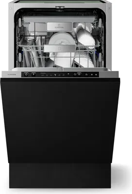 An open dishwasher with dishes inside, against a white background.