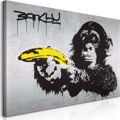 Produktbild von Wandbild Mega XXXL Banksy Monkey with Banana Gun 250x125 cm Einteiliger XXL-Format Kunstdruck zur Selbstmontage Leinwandbilder moderne Bilder DIY Wanddekoration Wohnung Deko i-C-0025-ak-e