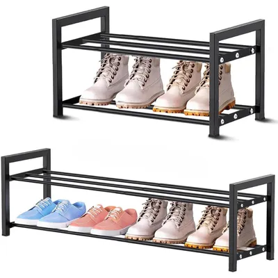 Productafbeelding van Uitschuifbaar schoenenrek, 2 planken, metaal, zwart, 45-80 cm. Ruimtebesparend, geschikt voor hal of gang