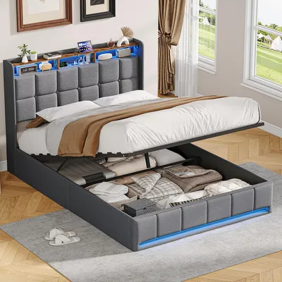 Obrázek produktu pro UnboxG čalouněná postel 160 x 200 cm s USB, dětská dvojlůžková postel s roštem a úložným prostorem, postel s úložným prostorem a LED osvětlením, plátno, šedá