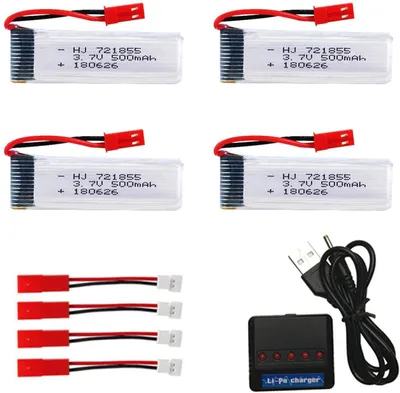 Zdjęcie produktu dla Zestaw 4 akumulatorów LiPo 3.7V 500mAh | Rozszerzona kompatybilność z dronami RC UDI U817 U818A, WLtoys V959 V212 | Z ładowarką