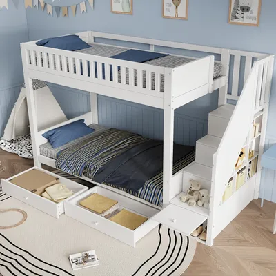 Obrázok produktu pre MODFU Detská poschodová posteľ 90 x 200 cm, poschodová posteľ s úložným priestorom v schodoch, vysoká posteľ s 2 zásuvkami a ochranou proti pádu, posteľ pre tínedžov s dvoma matracmi, biela