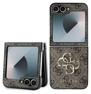 A flip phone case with a Guess logo and pattern, shown in both open and closed positions.