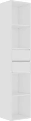 A white bookshelf with shelves and two drawers.