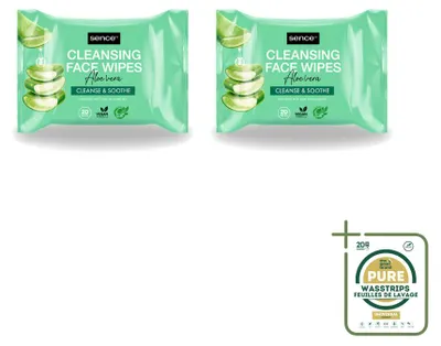 Image de 2 x Lingettes nettoyantes pour le visage à l'aloe vera Sence - 20 lingettes par paquet - Lot de 2