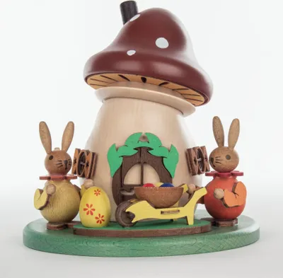 Productafbeelding van Rookfiguur, rookpaddenstoel, konijnenpaar met kruiwagen. Afmetingen: 15x15x15 cm. Nieuw