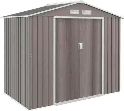 Zdjęcie produktu dla Domek ogrodowy Outsunny 2,42 m², z dachem dwuspadowym, drzwiami przesuwnymi, fundamentem, 213 x 130 x 185 cm, ocynkowany stalowy domek narzędziowy, odporny na warunki atmosferyczne, do ogrodu, szary