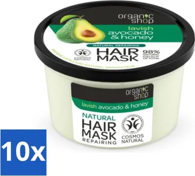 Productafbeelding van Organic Shop - Avocado- en honinghaarmasker - Hydraterend en verzachtend - 250 ml - Voordeelverpakking - 10 stuks