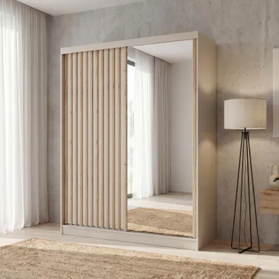 Produktbild von BEAUTYSOFA | Kleiderschrank DONATELLO 160 cm Kaschmir/Artisan mit Spiegel und Lamellen Schwebetürenschrank modern