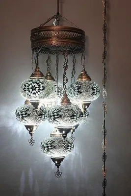 Immagine prodotto di Lampada a sospensione turca a 7 luci in vetro mosaico multicolore – lampada da soffitto orientale per creare atmosfere suggestive
