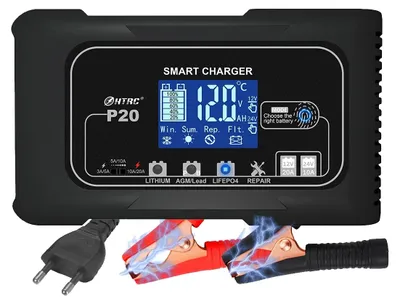 Zdjęcie produktu dla Ładowarka akumulatorów, napięcie wyjściowe 12V/24V, maksymalny prąd wyjściowy 20A, przeznaczona do akumulatorów litowo-jonowych i akumulatorów ołowiowych, automatyczna regulacja prądu ładowania, funkcje zabezpieczeń