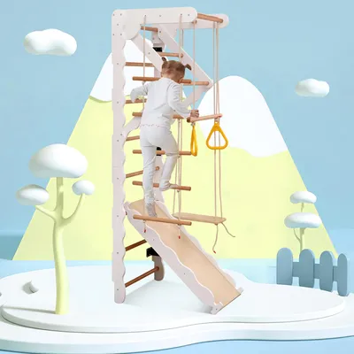 Image de OKWISH Aire de jeux enfants - Aire de jeux intérieure avec Toboggan et Balançoire, Anneaux et Barre de Traction en Bois Massif - 60 x 60 x 199 cm - Bois Naturel