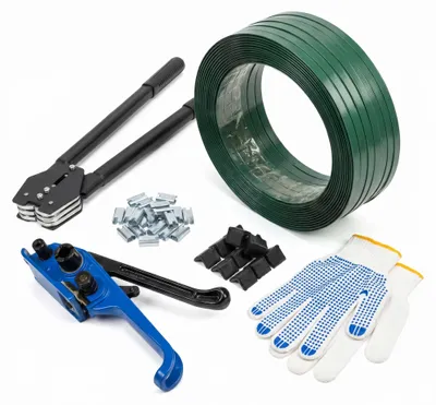 Produktbild von LastWerk PET Umreifungsset mit Bandspanner, Verschlusszange, 400m grünem Umreifungsband, 200 Metallklammern, 30 Kantenschützern & Handschuhen für Paletten, Kartons, Versand, Lager, Transport