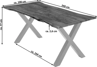 Produktbild von Esstisch 240x100 cm Burgos, Akazienholz massiv + nussbaumfarben + lackiert, echte Baumkante, Baumkantentisch mit X-Gestell aus Metall Silber, Tischplatte 26 mm