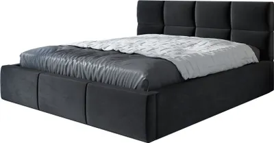 A black upholstered bed frame with a mattress and bedding, shown from a side angle against a white background.
