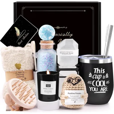 Immagine prodotto di Set regalo per donne, 10 pezzi, contenente: tazza termica, spazzola massaggiante, candela profumata, sali da bagno, bombe da bagno, sapone, calzini, biglietto di auguri, colore nero