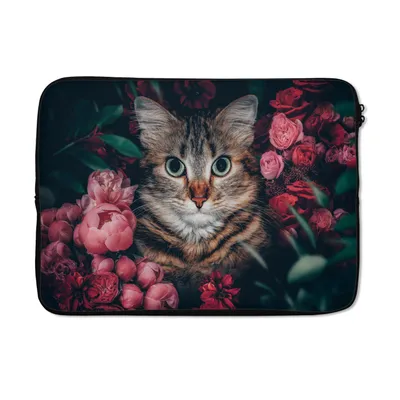 Produktbild von MuchoWow® Laptop Hülle 14 ZollKatze - Blumen - Blätter - Botanisch Laptoptasche - Laptoptasche - Stoßsicher - Schutzhaube