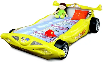 Produktbild von Gelbes Designer Rennauto Kinder Bett Bettgestelle Luxus Holz Kinderzimmer