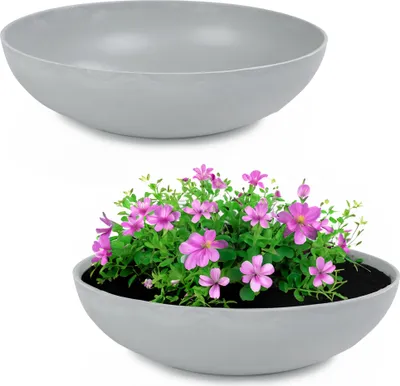 Image de Jardinière ronde ventrue de 37 cm pour l'extérieur, gris clair marbré