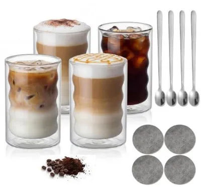 Image de Verre à café double paroi, ensemble de 4 verres de 350 ml, avec 4 cuillères et 4 sous-verres en verre borosilicaté