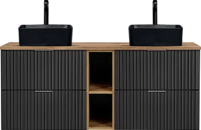 Produktbild von Badezimmer Doppel-Waschtisch, 141cm, mit schwarze Aufsatzbecken, ADELAIDE-56-BLACK, matt schwarz mit Eiche Nb., Rillenoptik, B/H/T ca. 140,6/73,2/46,5 cm