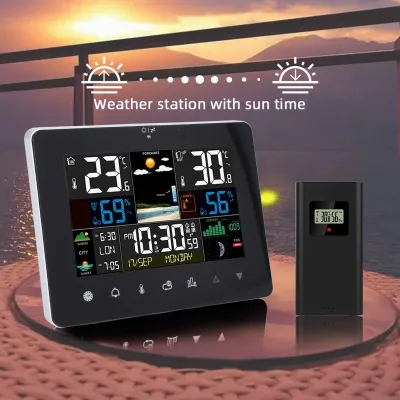 Produktbild von LCD Funk-Wetterstation mit Außensenor, Großes Touchscreen Farbdisplay, Wecker Funkuhr Kalender Vorhersage Hygro