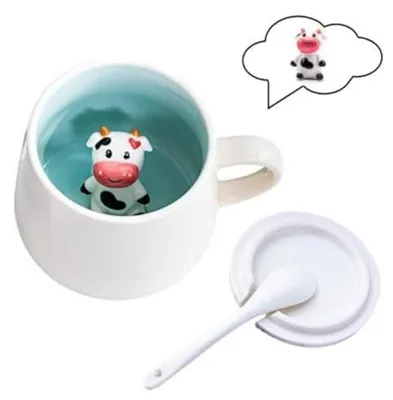 Image de Tasse à café en céramique 3D, motif vache, 350 ml, avec couvercle et cuillère